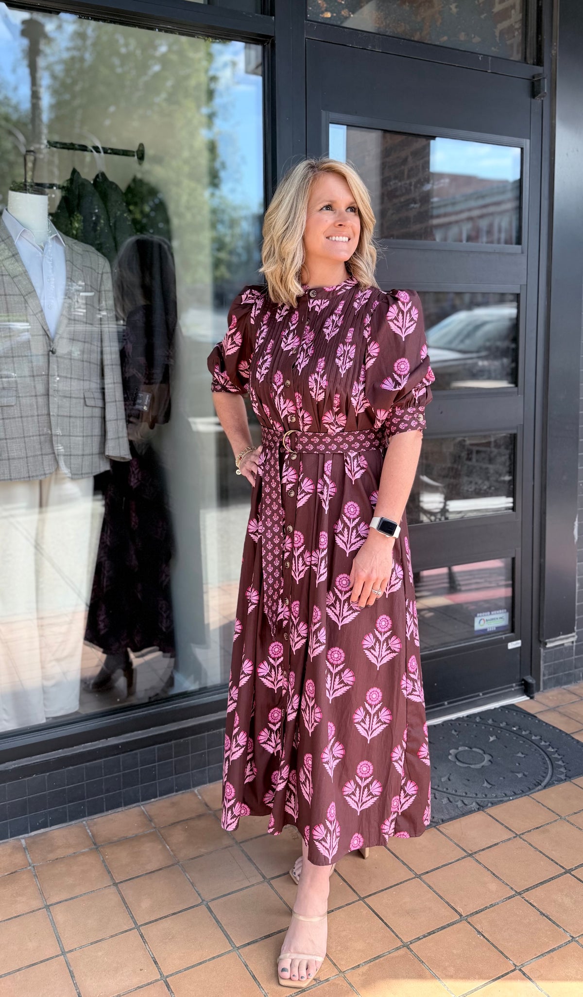 Plum Floral Belted Midi Dress