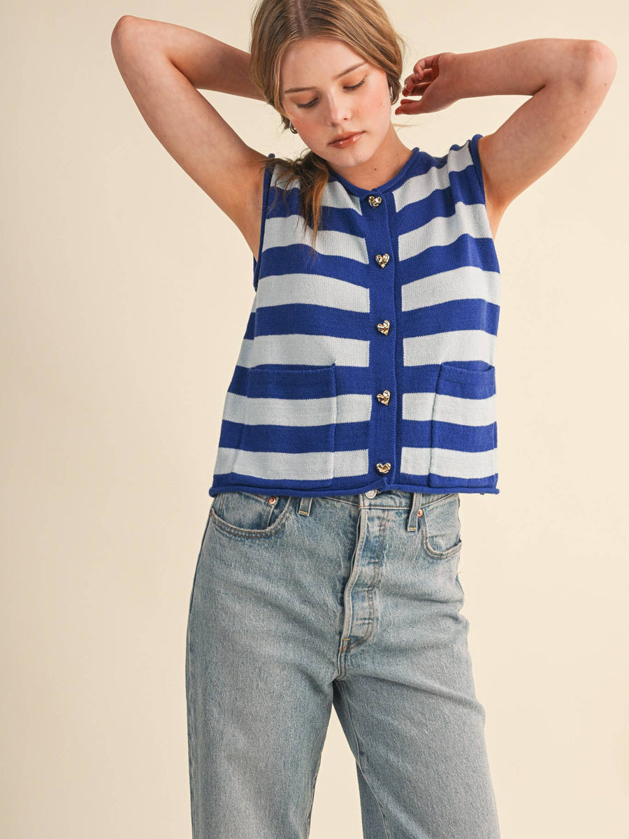 Blue & White Striped Knit Sweater Vest