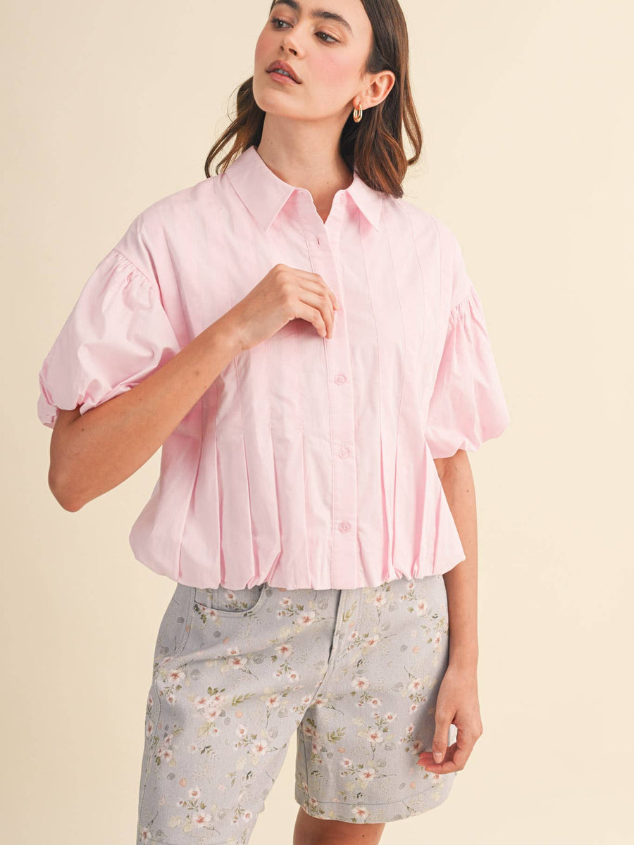 Pink Puff Sleeve Bubble Hem Blouse