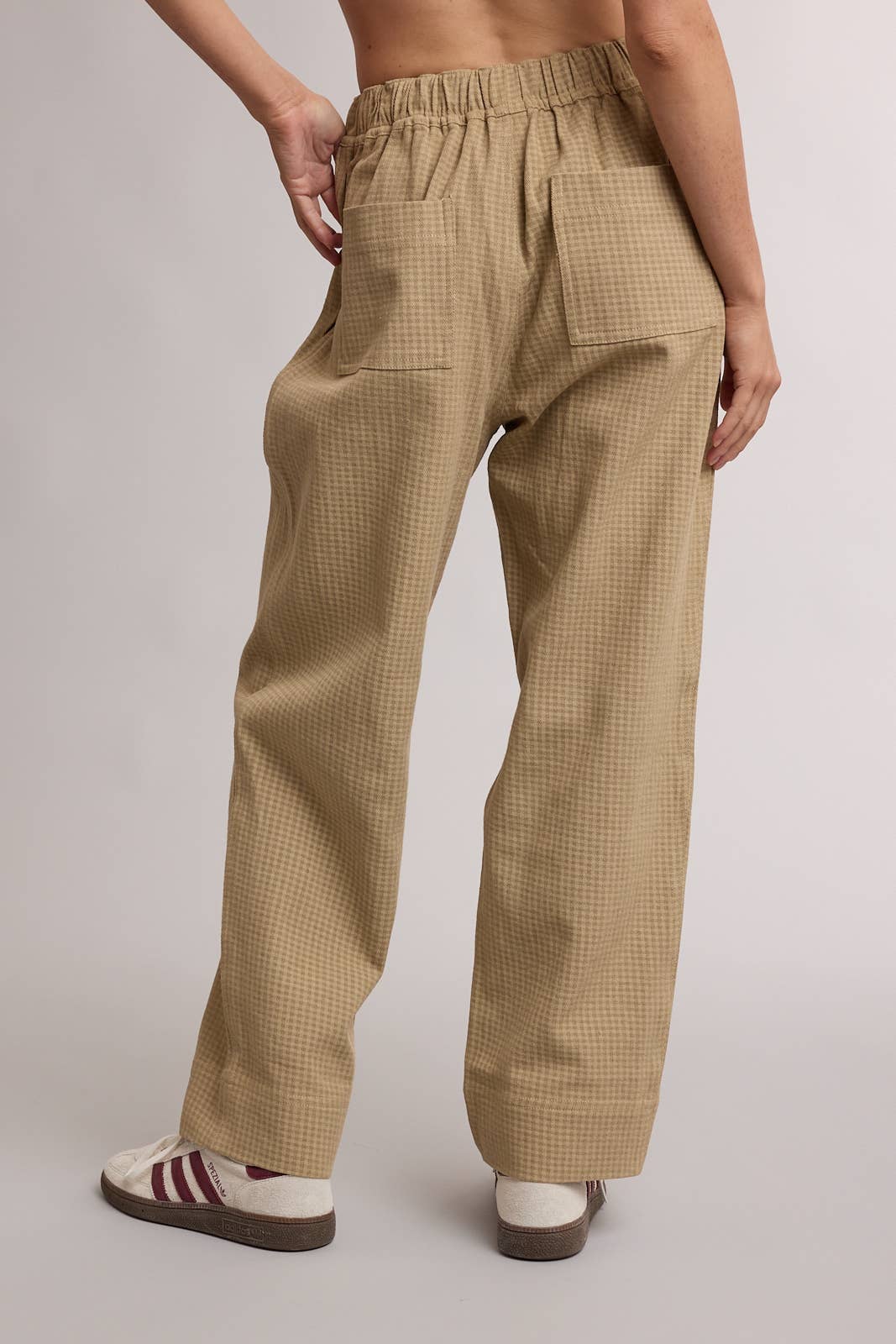 Neutral Plaid Drawstring Wide Leg Pants