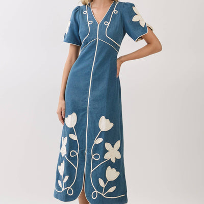 Blue Floral Appliqué Midi Dress