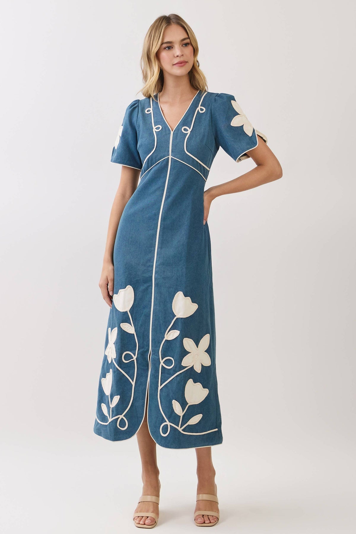 Blue Floral Appliqué Midi Dress