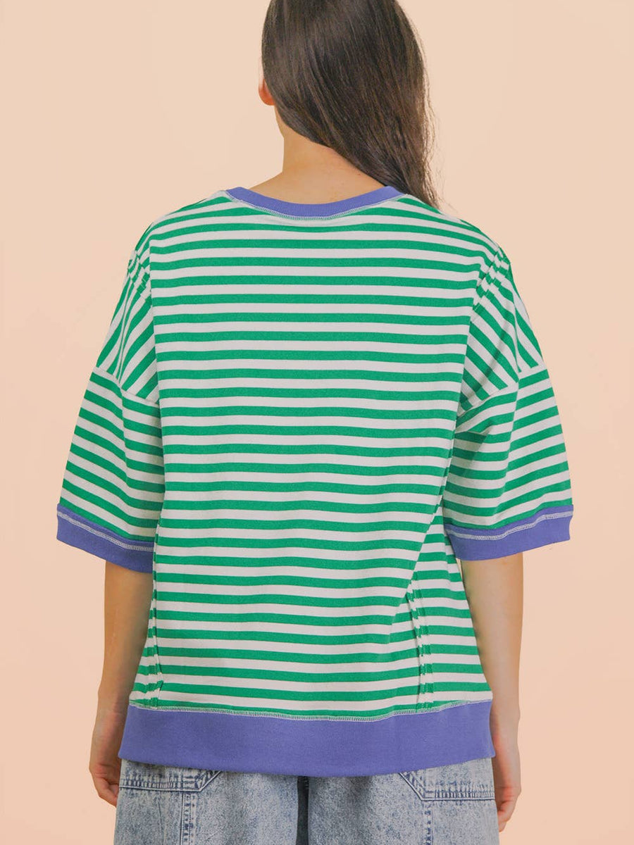 Kelly Green & Royal Blue Striped Relaxed Sweatshirt Top