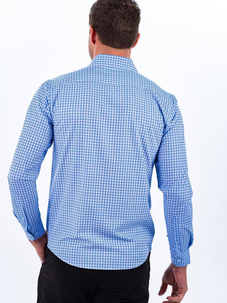 Men's Light Blue Windowpane Performance Dress Shirt