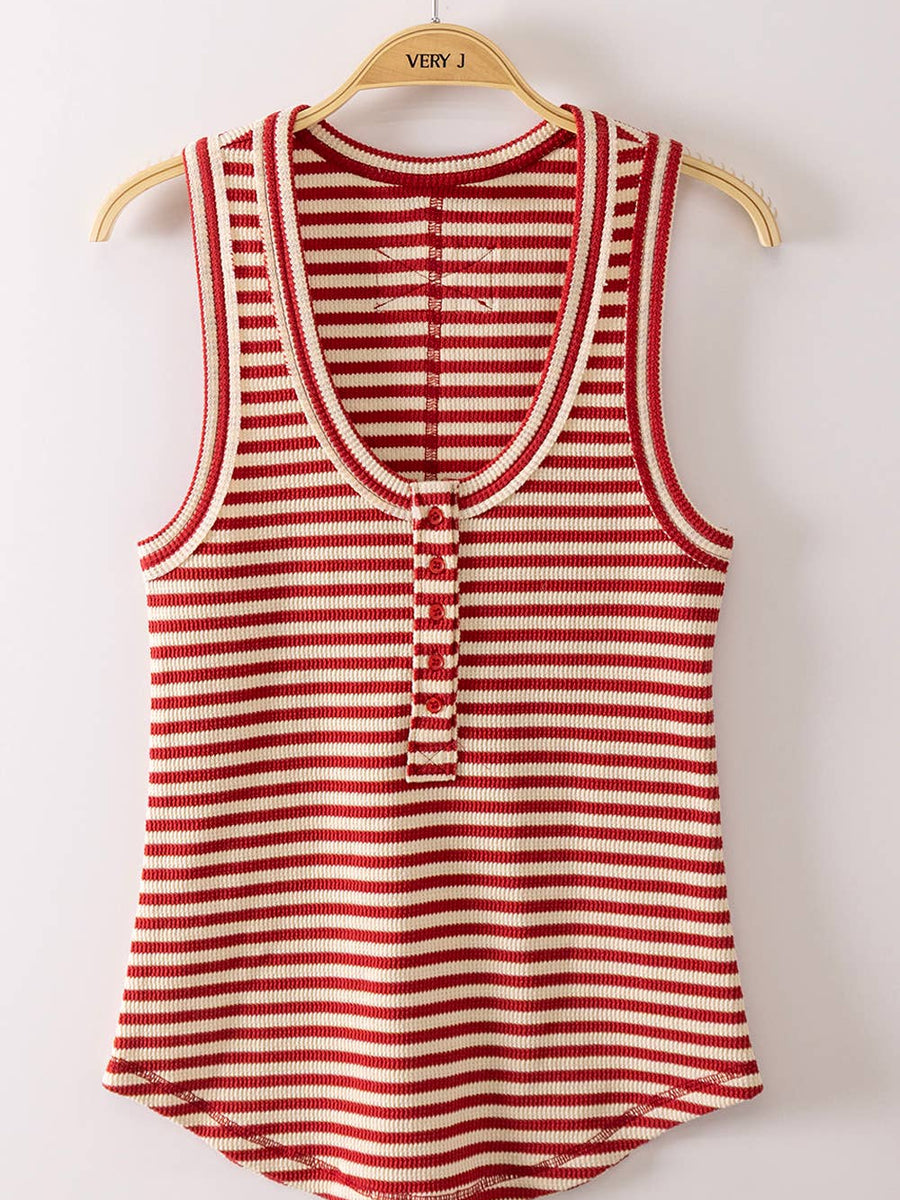 Red & Ivory Striped Ribbed Henley Tank Top