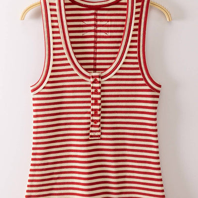 Red & Ivory Striped Ribbed Henley Tank Top