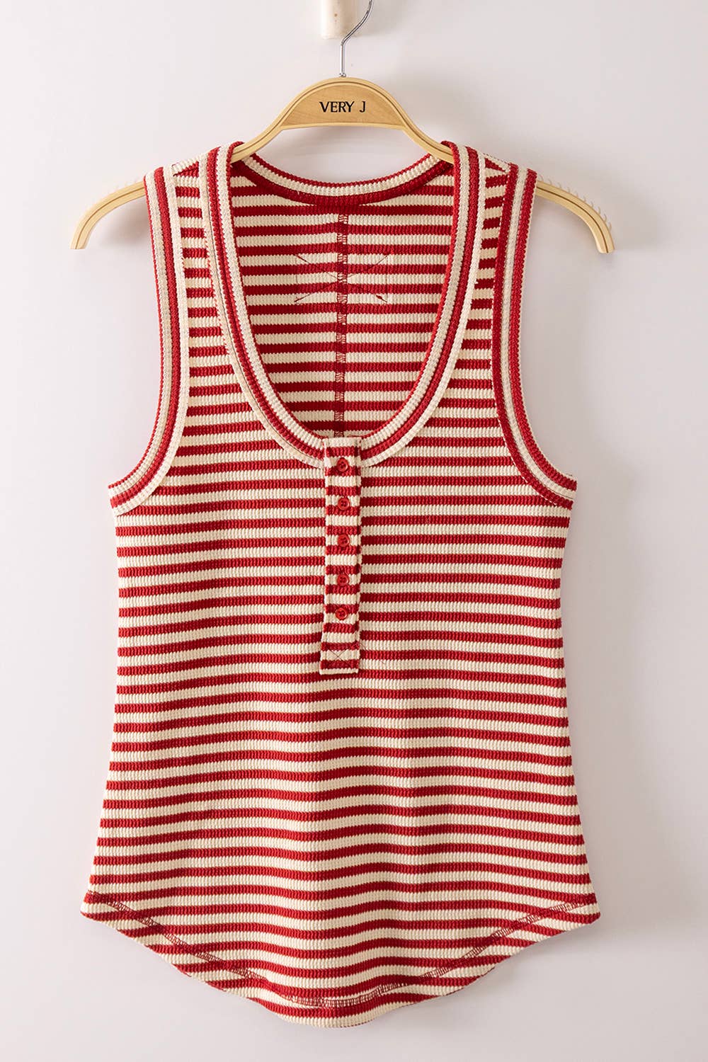 Red & Ivory Striped Ribbed Henley Tank Top