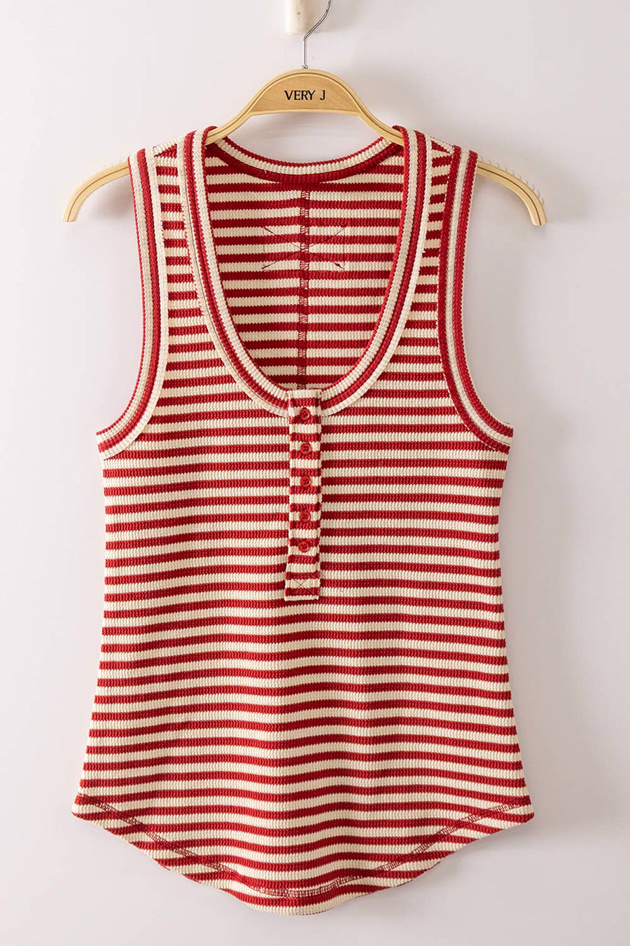 Red & Ivory Striped Ribbed Henley Tank Top