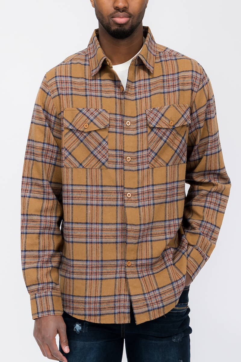 Men's Camel & Navy Plaid Button-Down Flannel Shirt