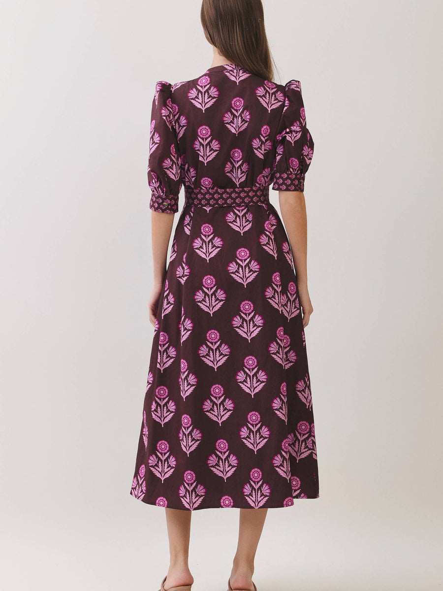 Plum Floral Belted Midi Dress