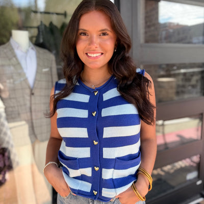 Blue & White Striped Knit Sweater Vest