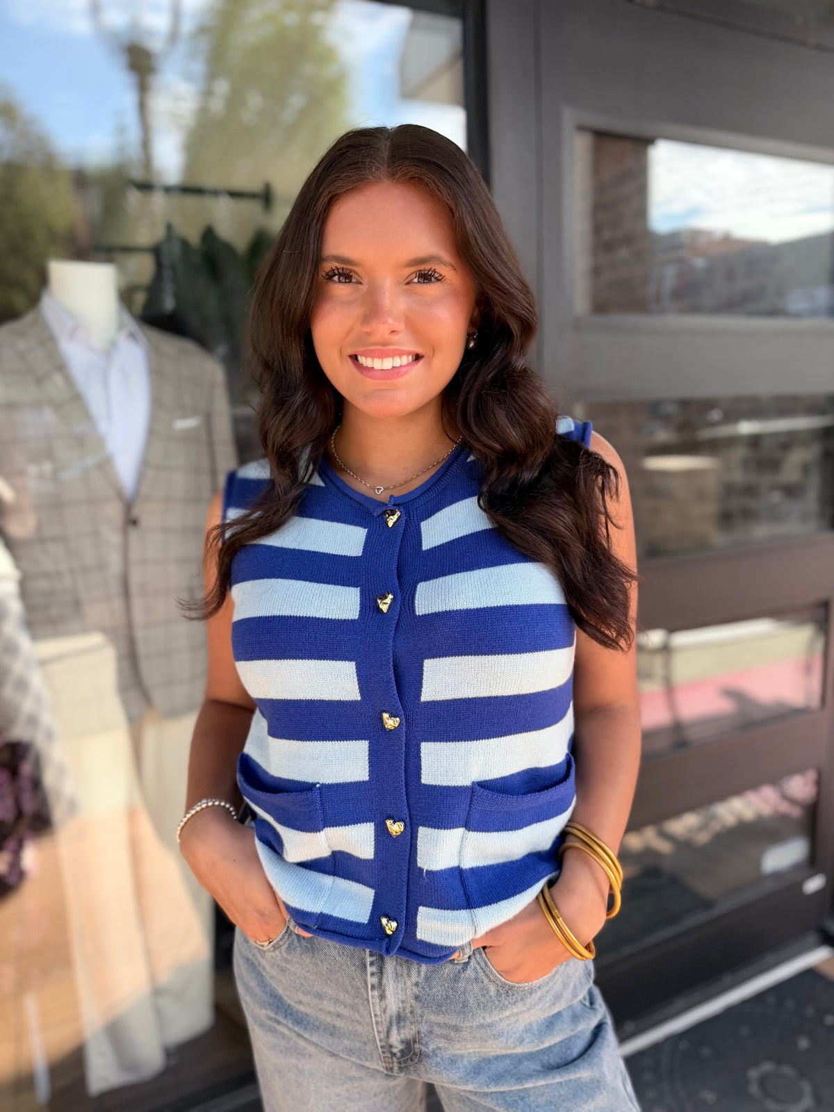 Blue & White Striped Knit Sweater Vest