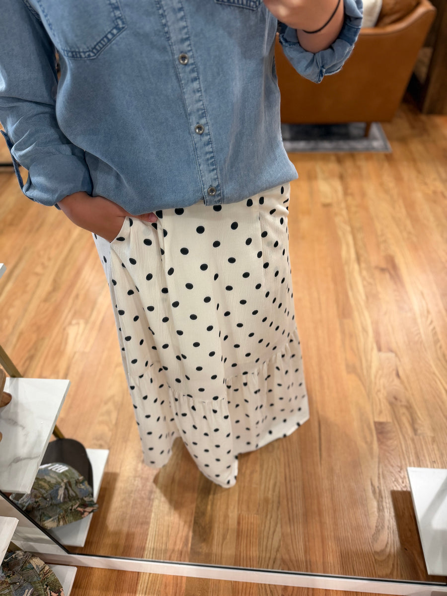 Ivory & Black Polka Dot Tiered Midi Skirt