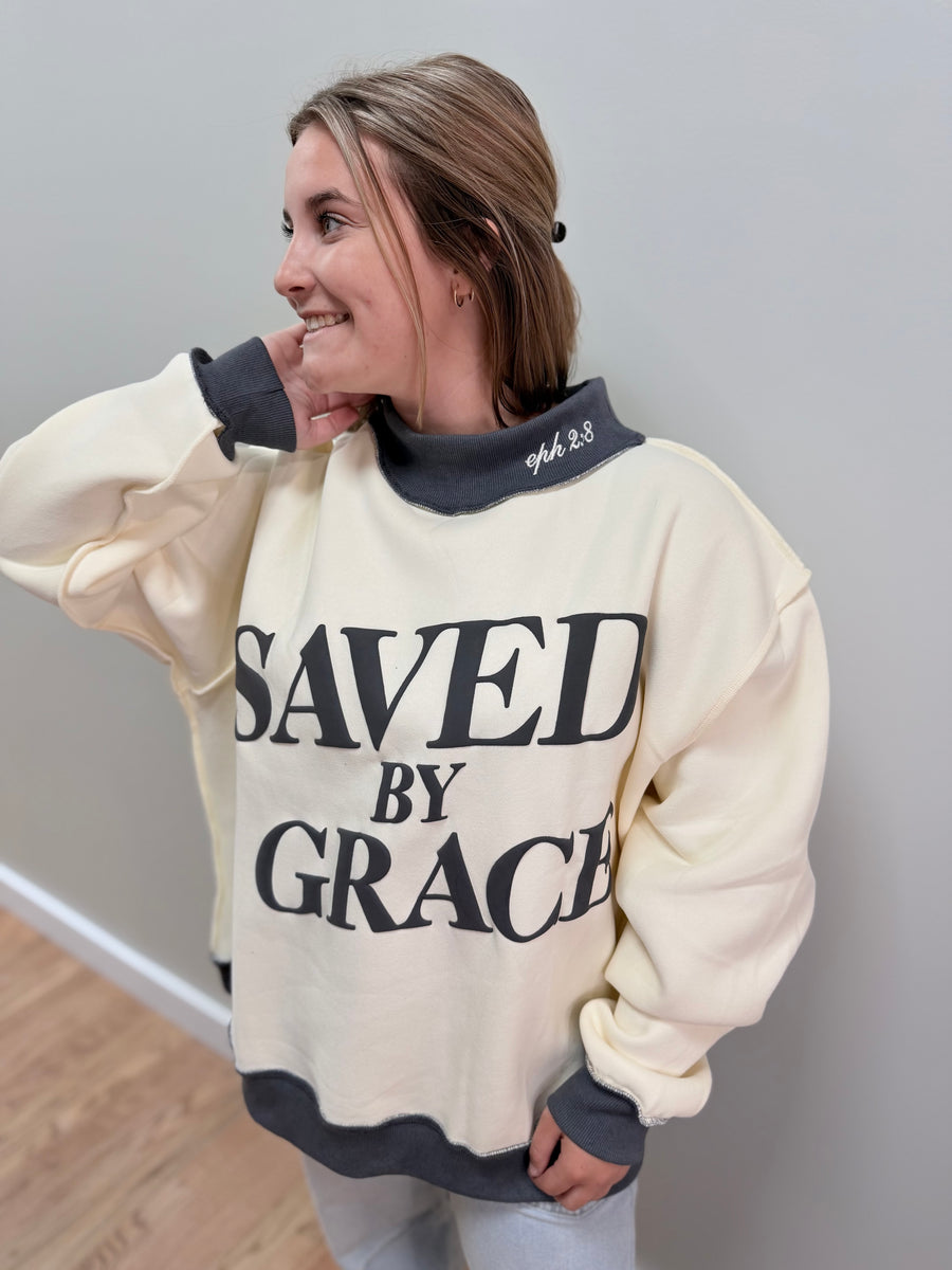 Saved By Grace Oversized Graphic Mockneck