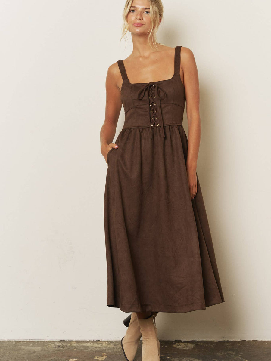 Chocolate Brown Lace-Up Midi Dress