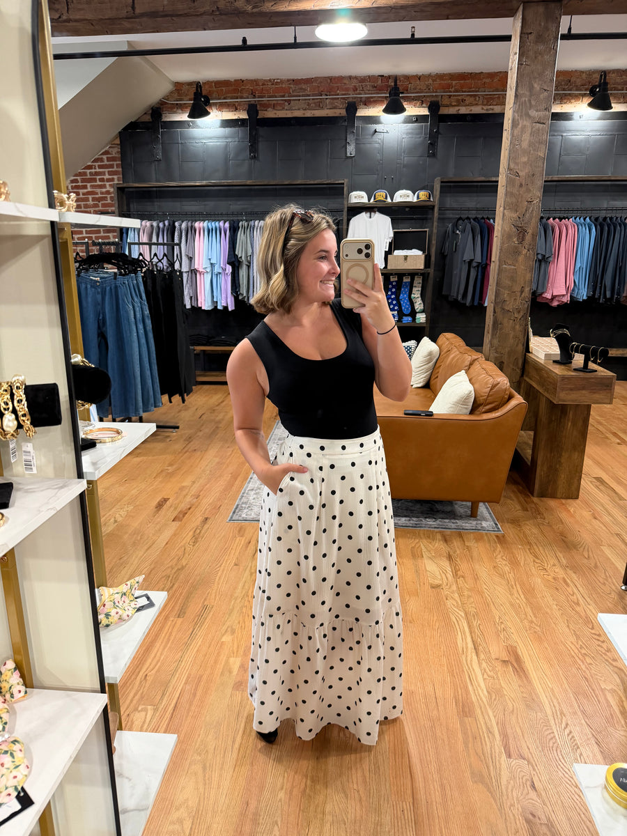 Ivory & Black Polka Dot Tiered Midi Skirt
