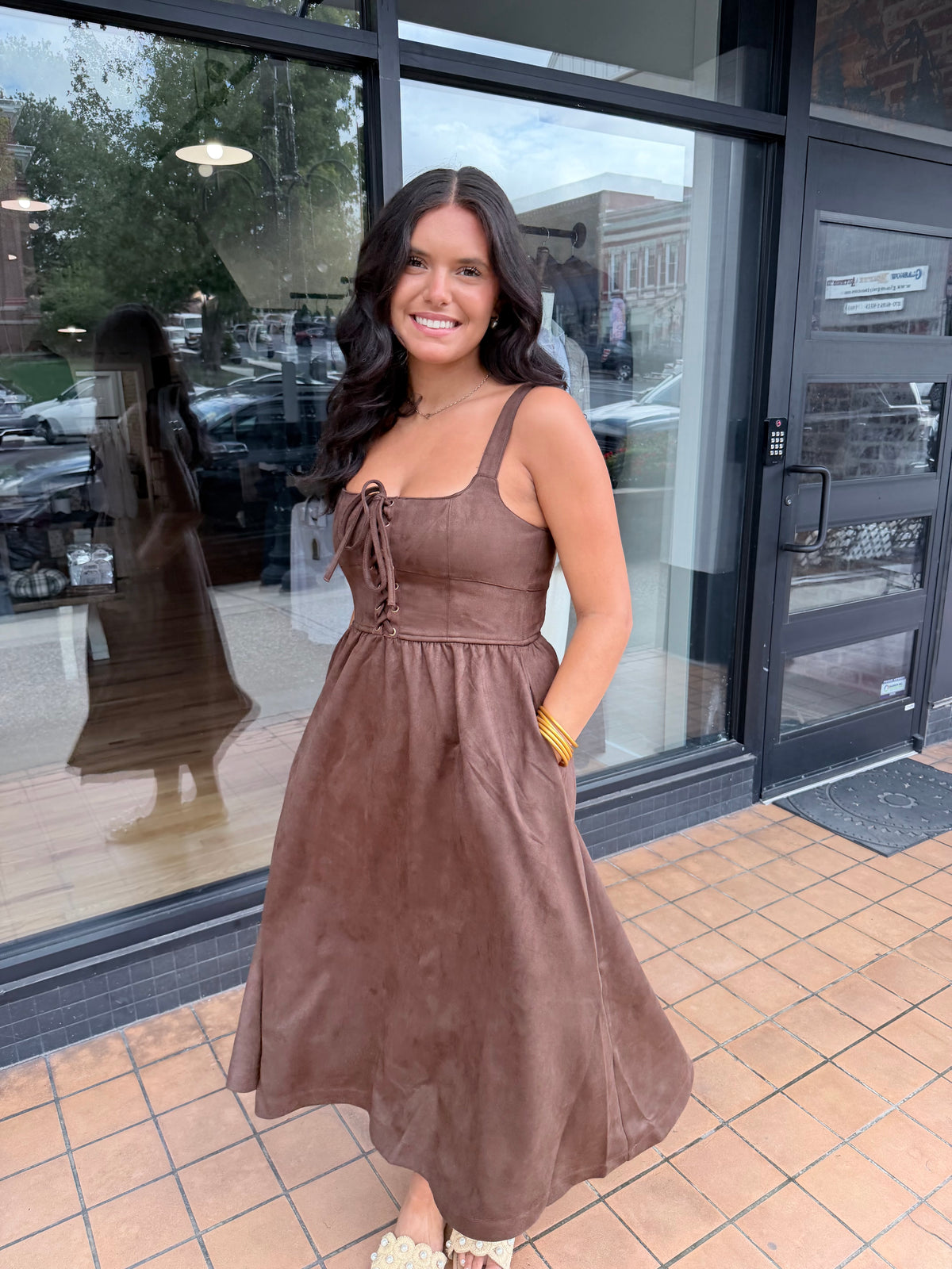 Chocolate Brown Lace-Up Midi Dress
