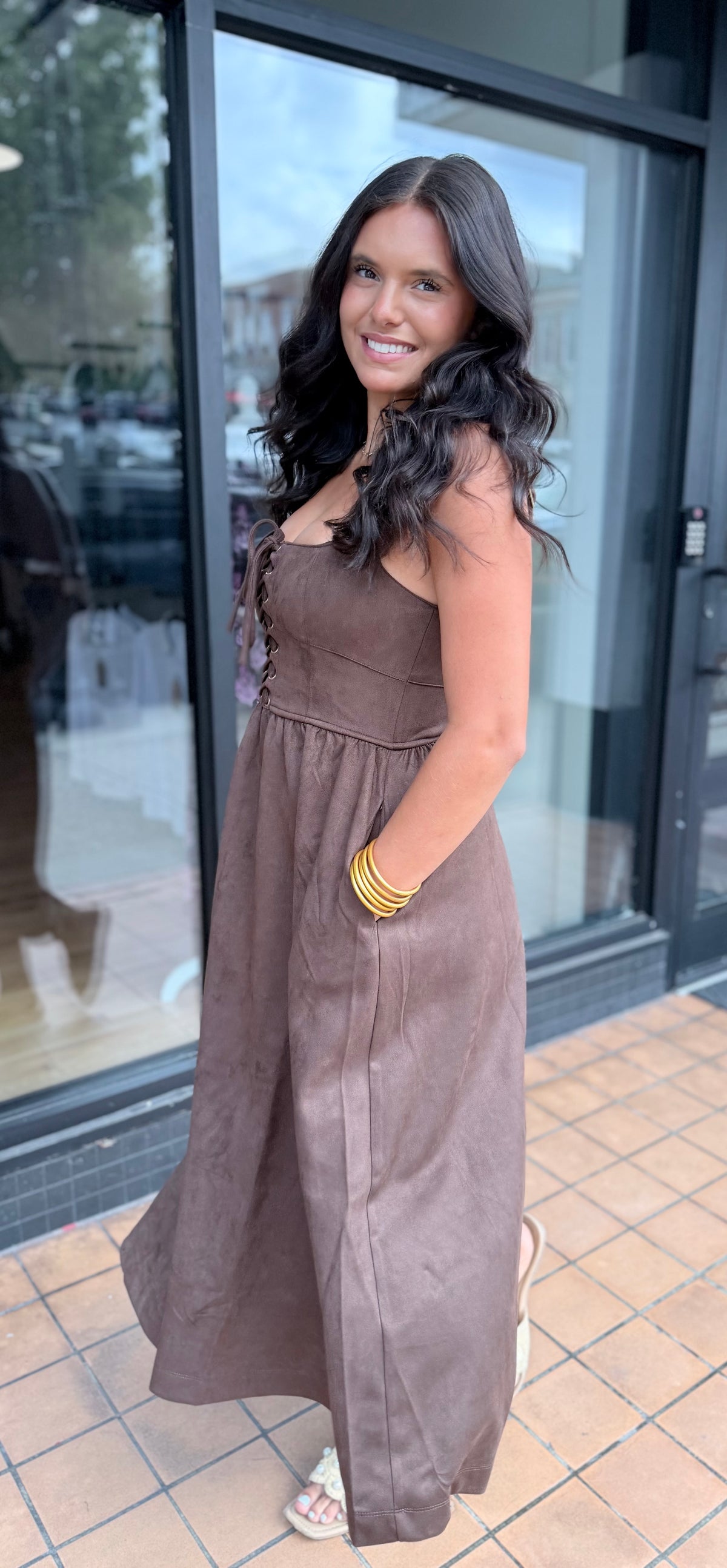 Chocolate Brown Lace-Up Midi Dress