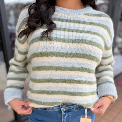 Fog Blue Stripe Cozy Crewneck Sweater