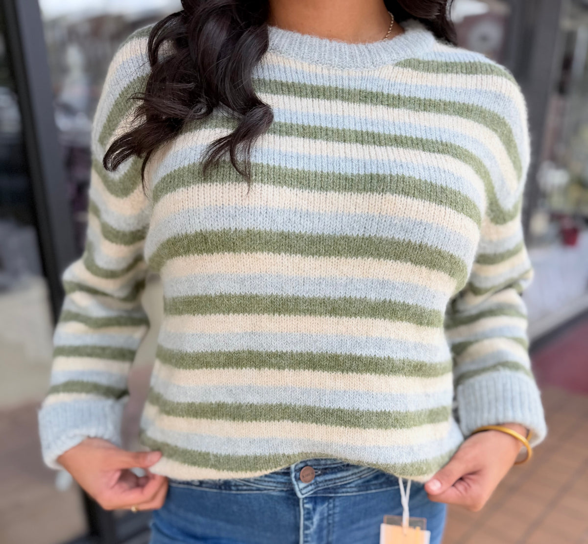 Fog Blue Stripe Cozy Crewneck Sweater