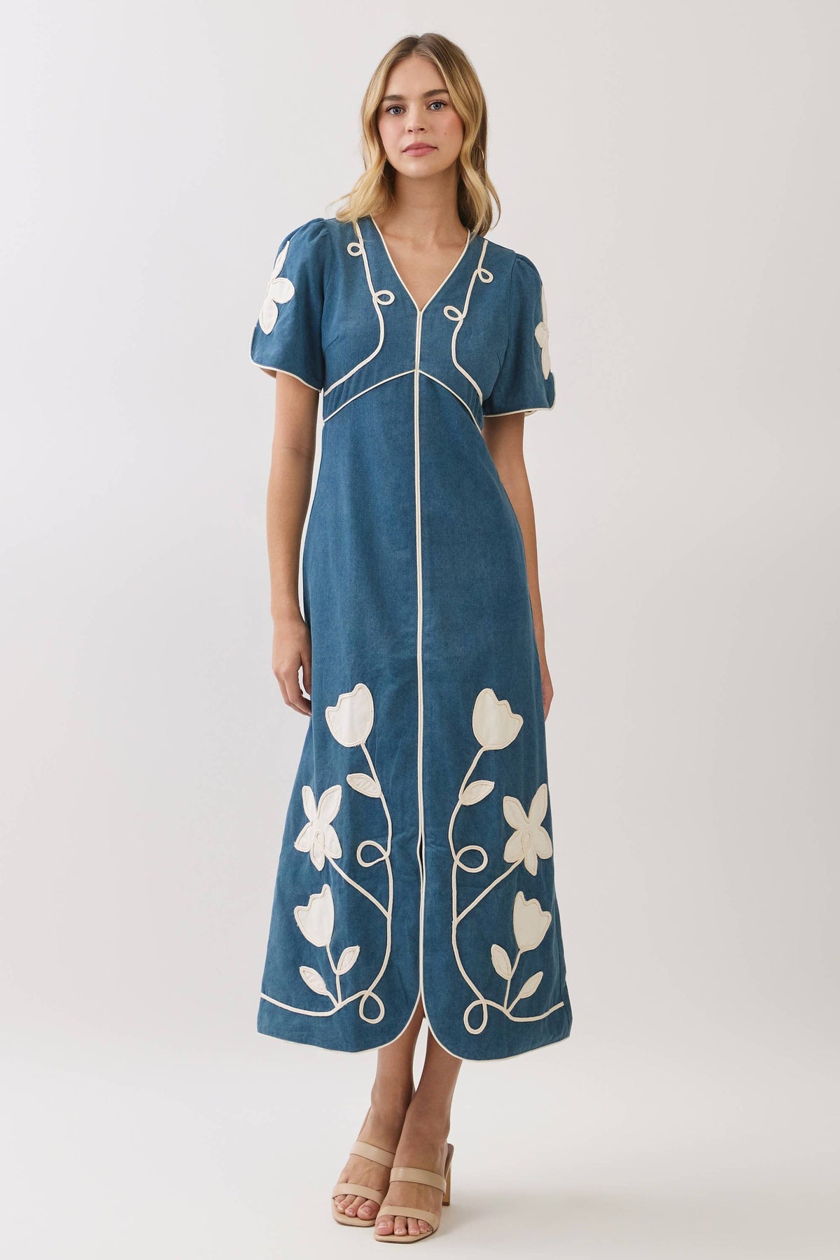 Blue Floral Appliqué Midi Dress