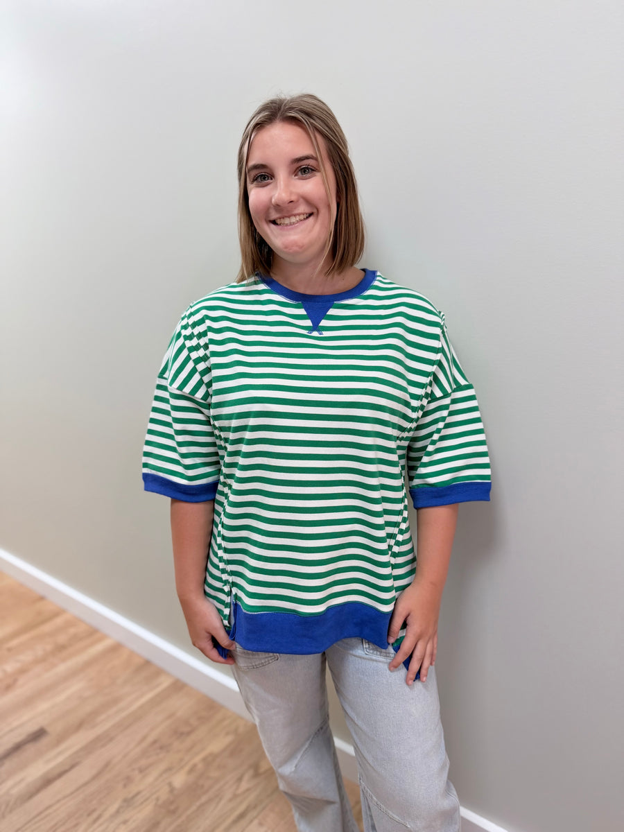 Kelly Green & Royal Blue Striped Relaxed Sweatshirt Top