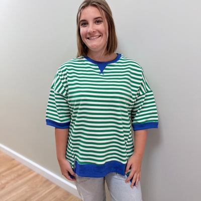 Kelly Green & Royal Blue Striped Relaxed Sweatshirt Top