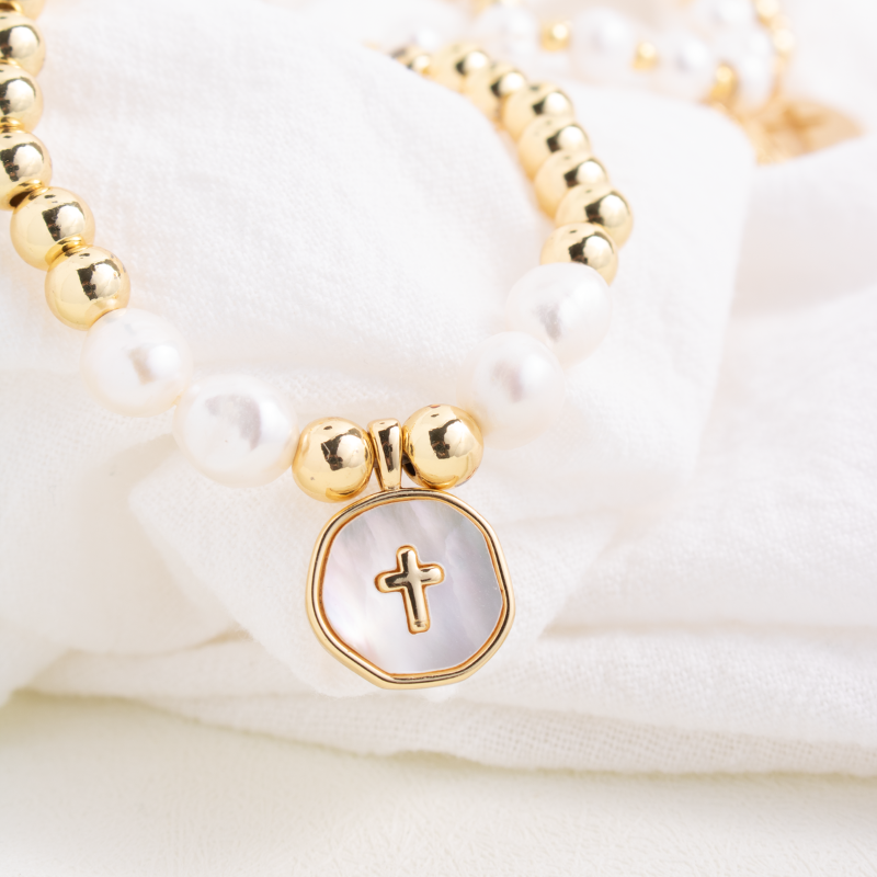 Cross + Pearls Charm Bracelet