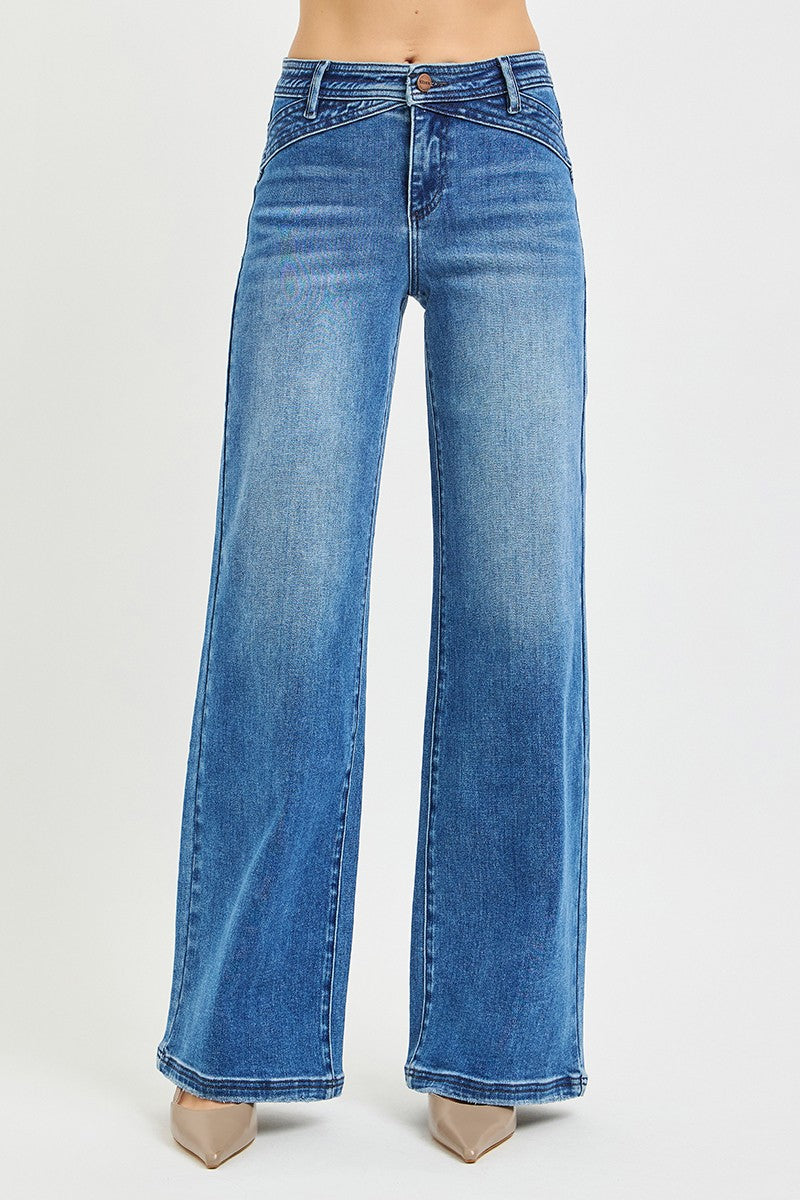 Risen Medium Wash Crossover Waist Wide Leg Jeans