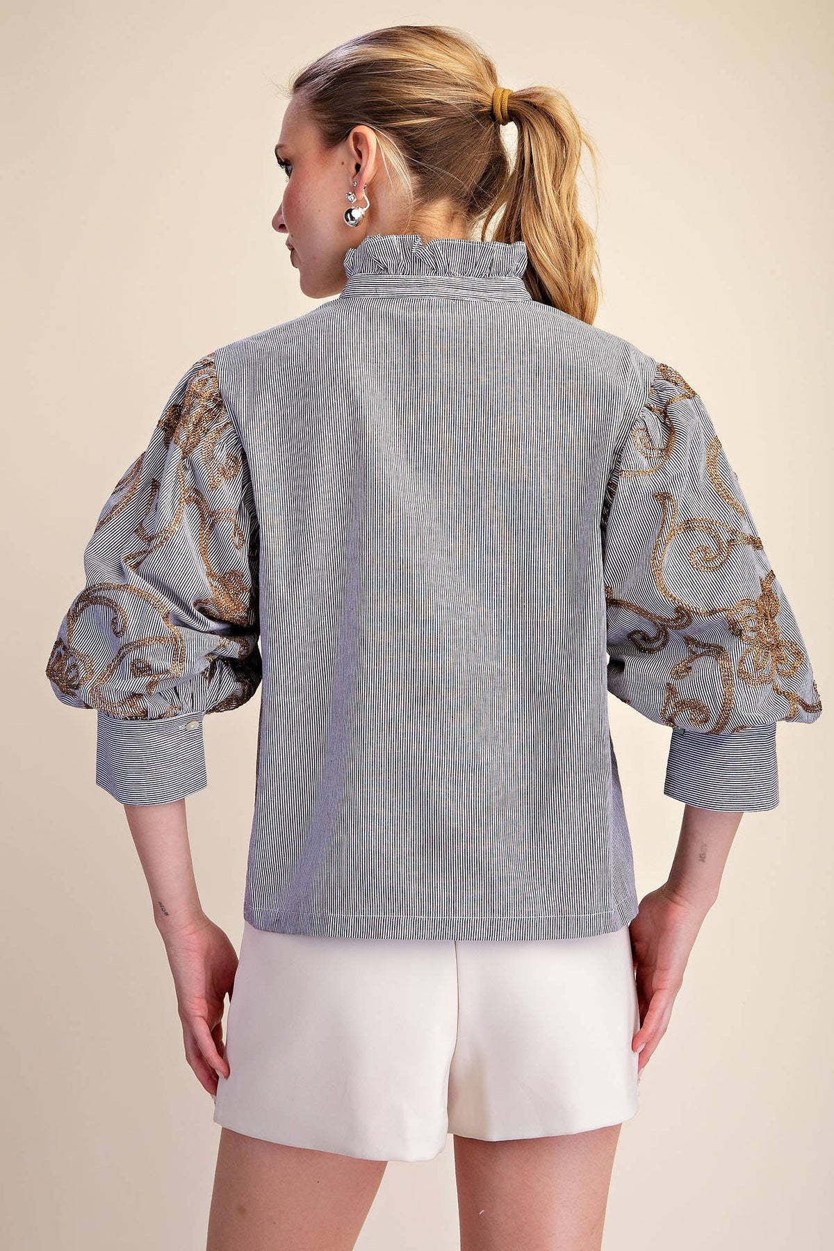 Striped Statement Sleeve Button-Front Blouse