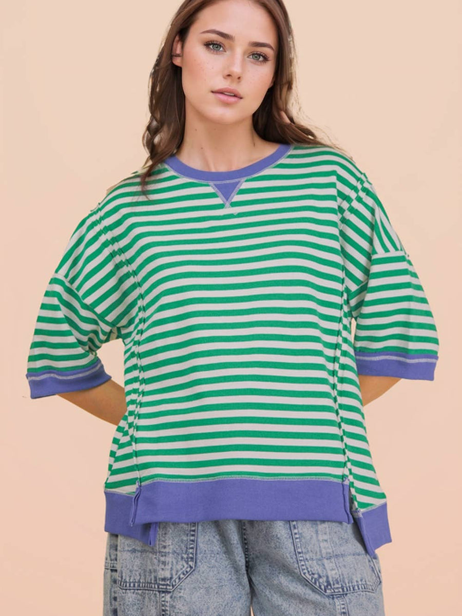 Kelly Green & Royal Blue Striped Relaxed Sweatshirt Top