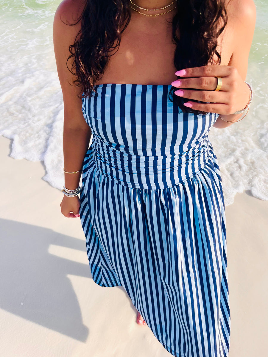 Navy & Blue Strapless Stripe Midi Dress