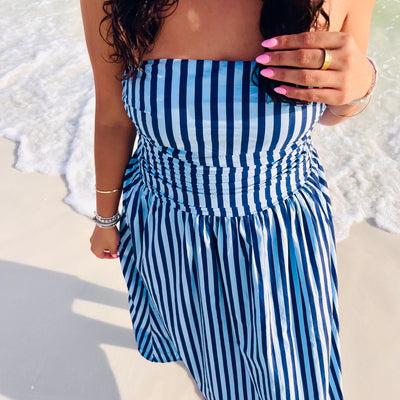 Navy & Blue Strapless Stripe Midi Dress
