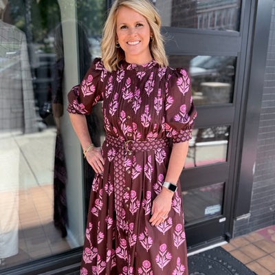 Plum Floral Belted Midi Dress