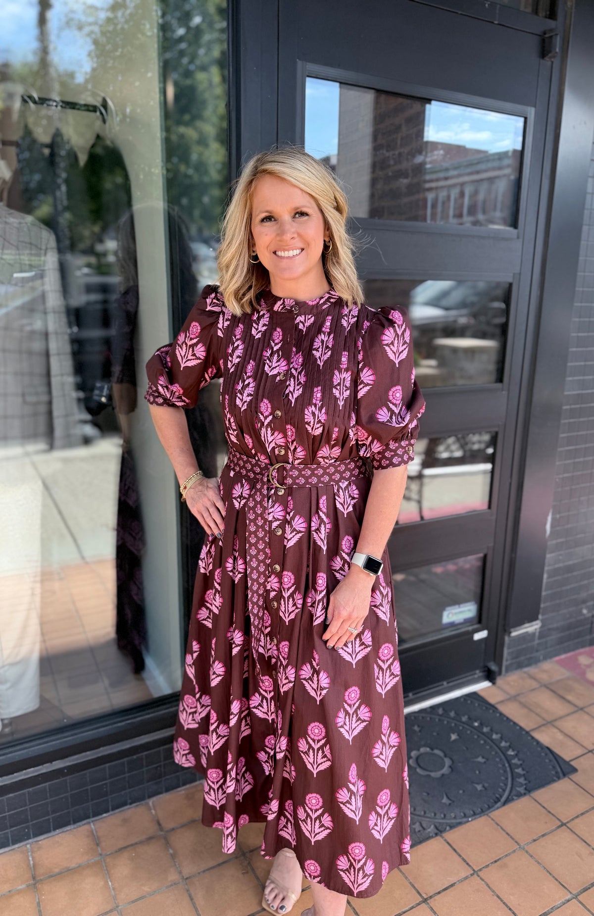 Plum Floral Belted Midi Dress