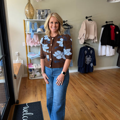 Brown & Blue Floral Puff Sleeve Cardigan