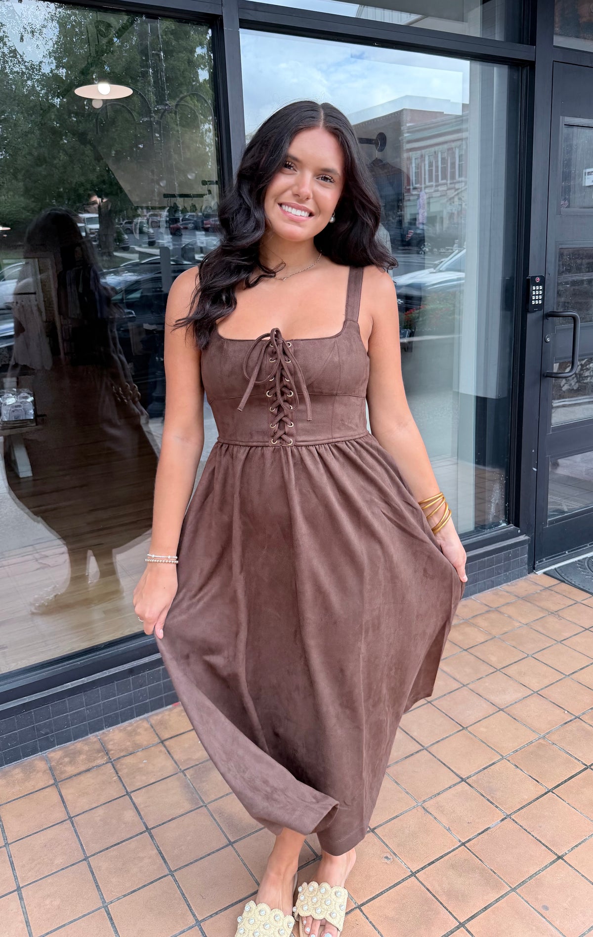 Chocolate Brown Lace-Up Midi Dress