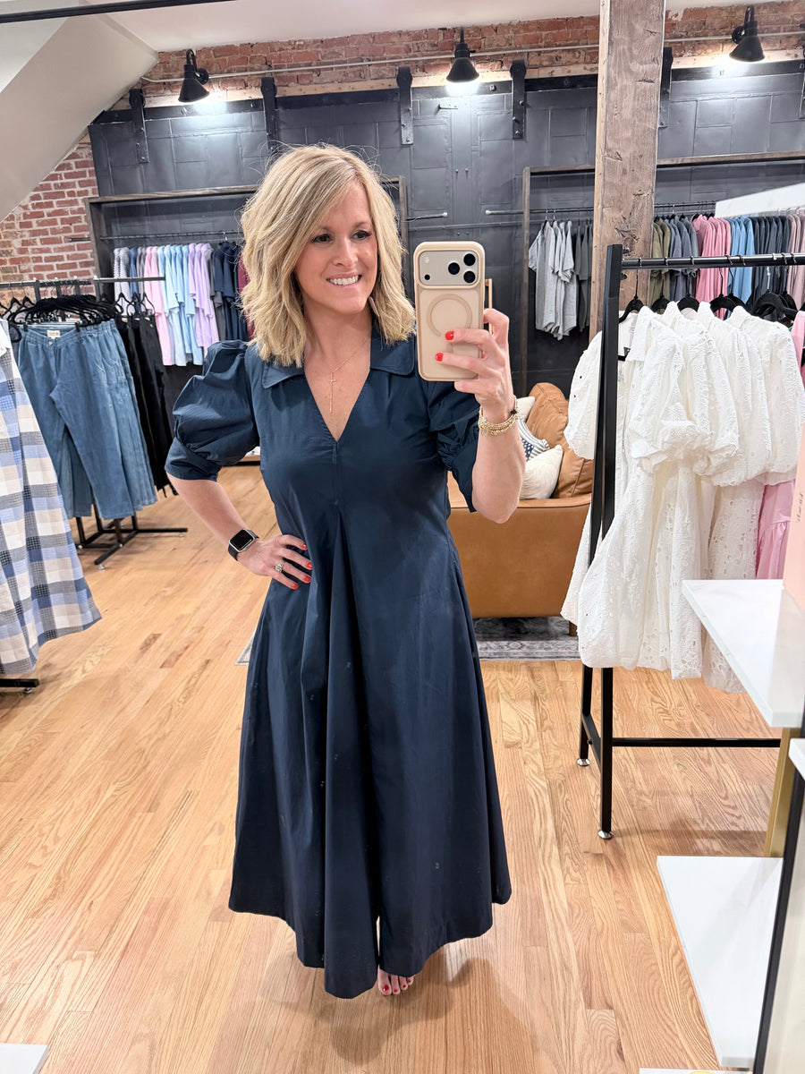 Midnight Navy Balloon Sleeve Collared Midi Dress