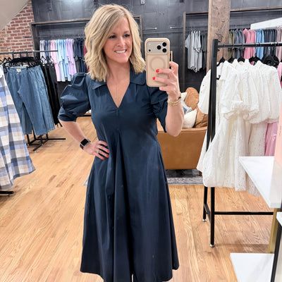 Midnight Navy Balloon Sleeve Collared Midi Dress