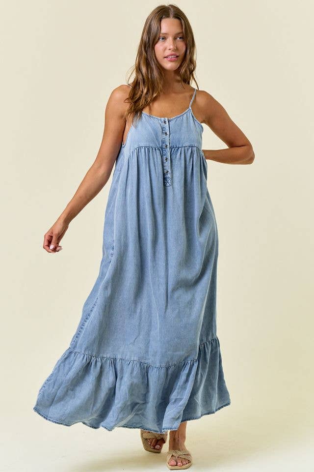 Light Wash Chambray Tiered Maxi Dress