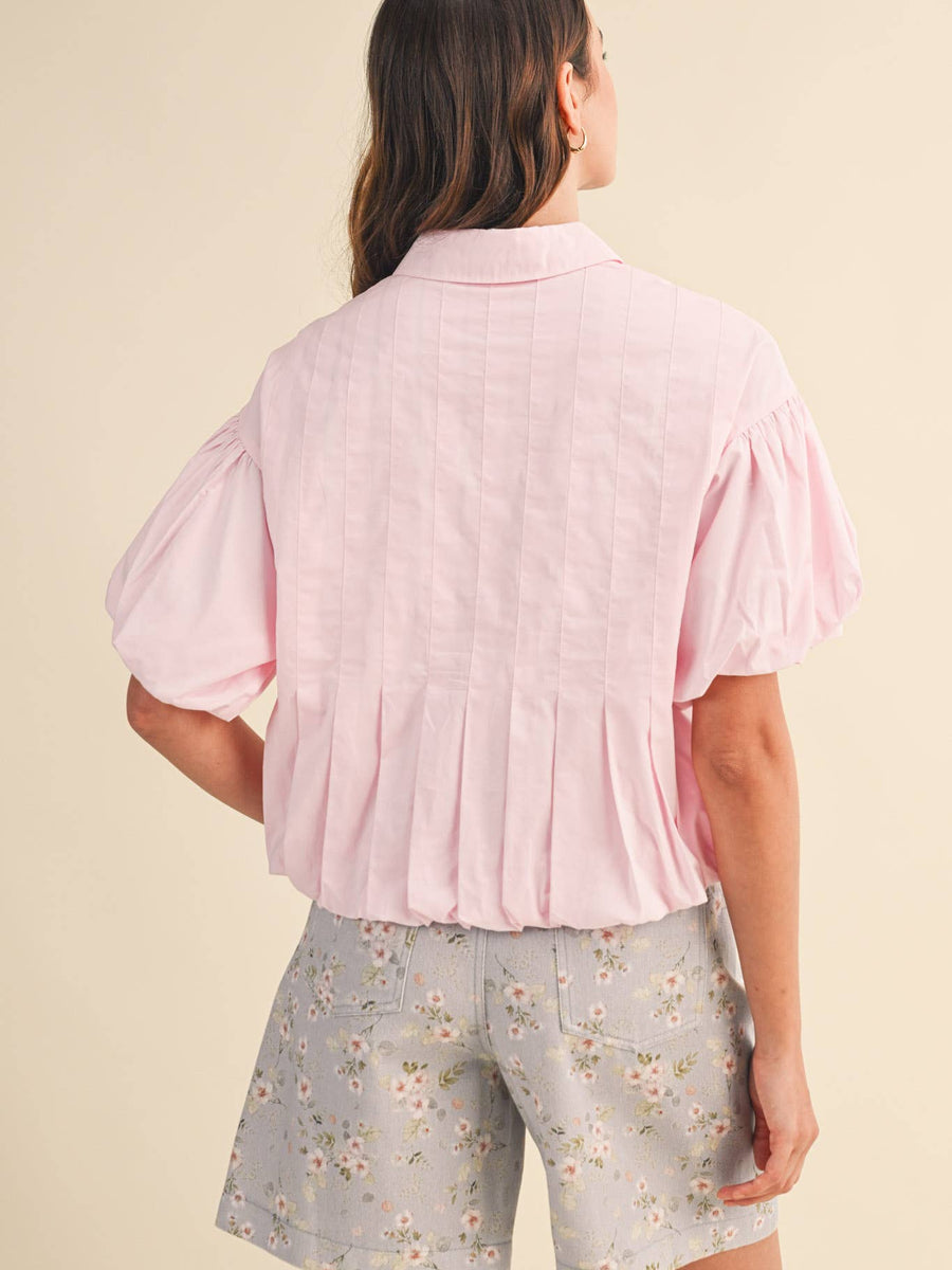 Pink Puff Sleeve Bubble Hem Blouse