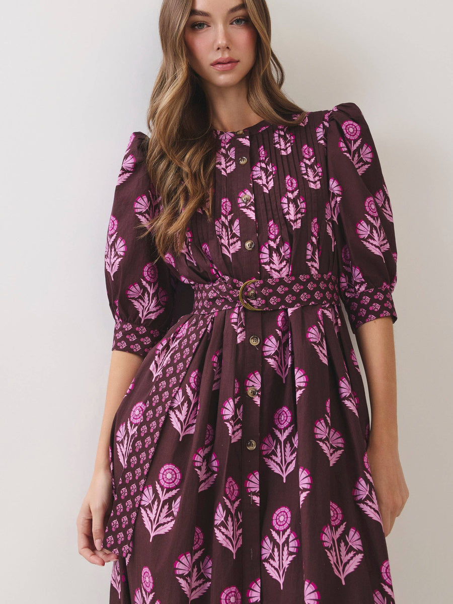 Plum Floral Belted Midi Dress