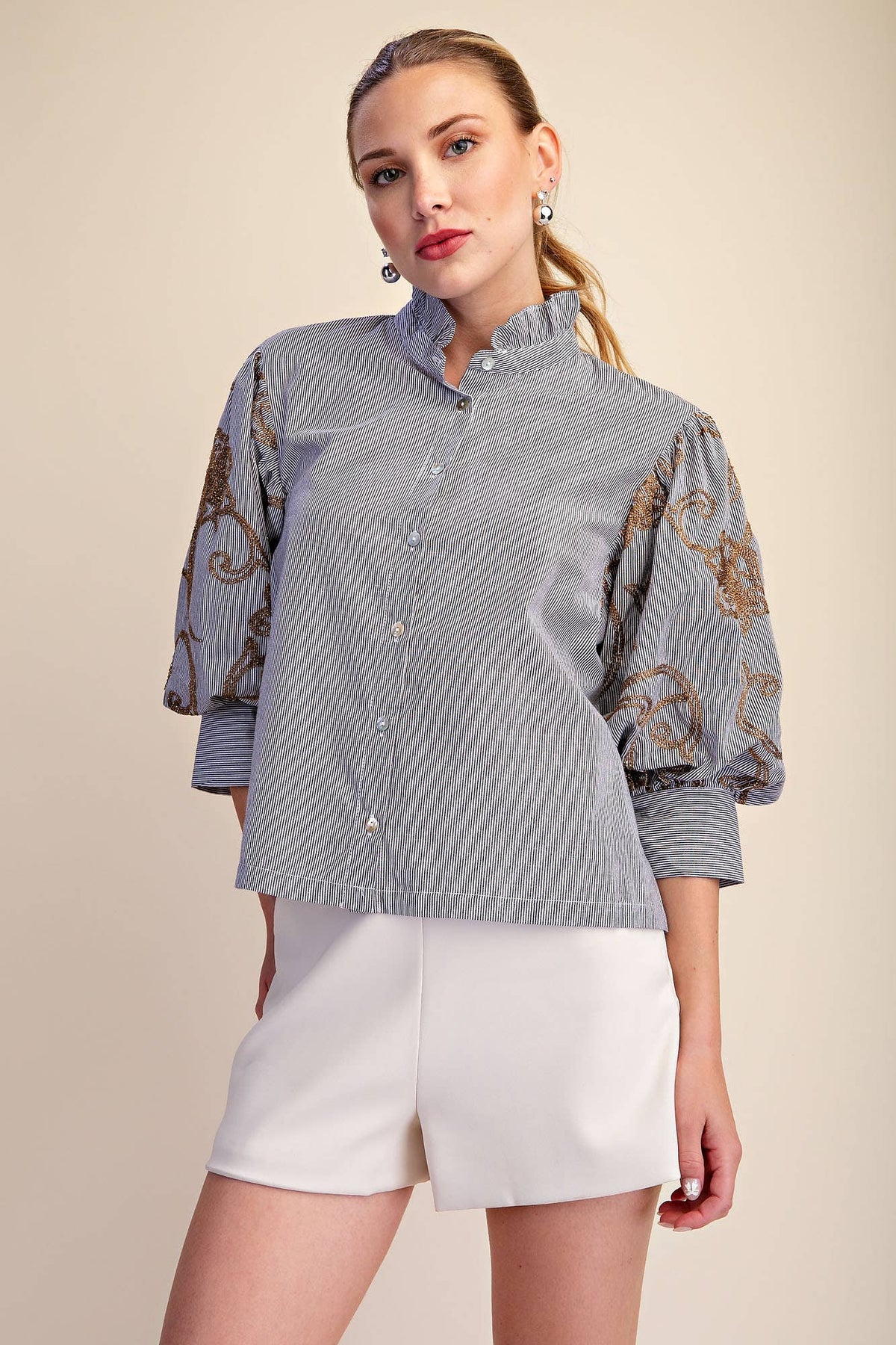 Striped Statement Sleeve Button-Front Blouse