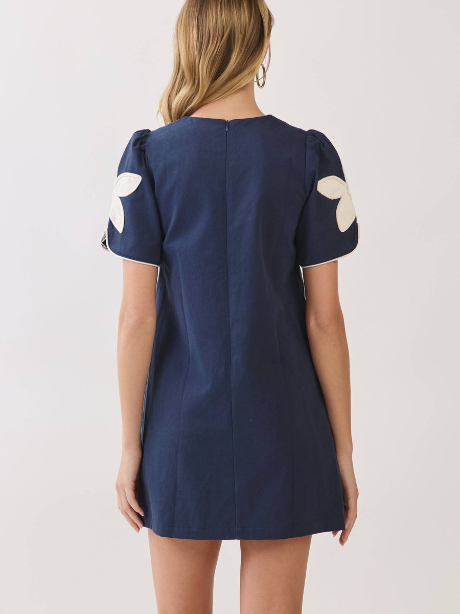 Navy Floral Appliqué Shift Dress