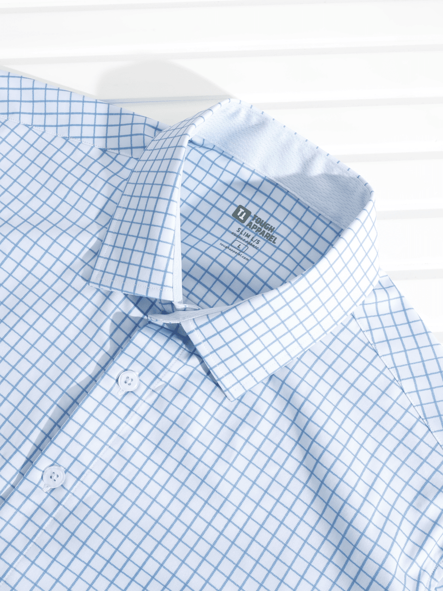 Men's Light Blue Windowpane Performance Dress Shirt
