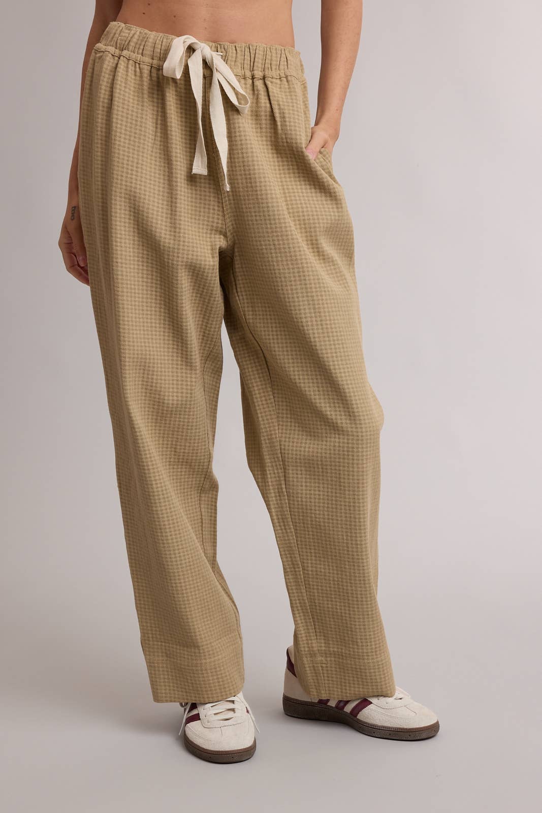 Neutral Plaid Drawstring Wide Leg Pants