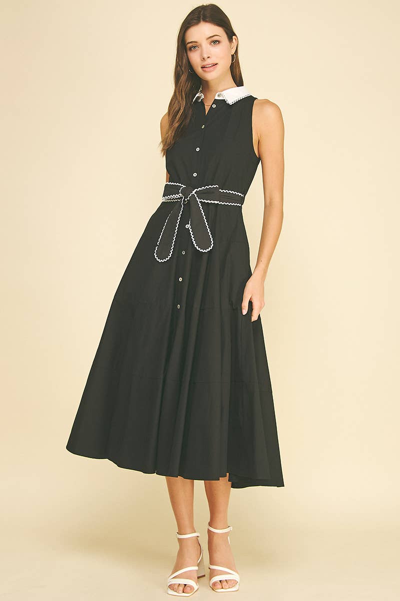 Black & White Tie Waist Midi Dress