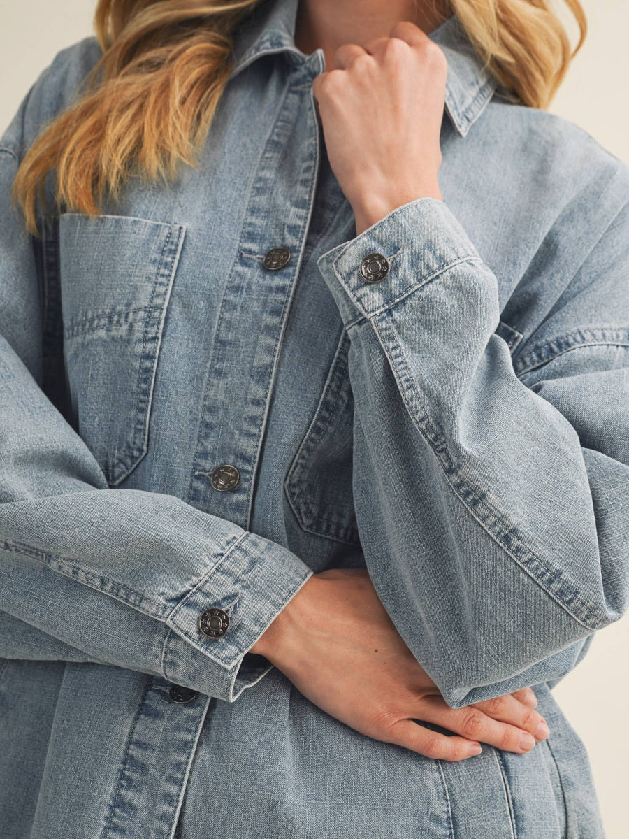 Light Wash Denim Button Front Utility Jacket