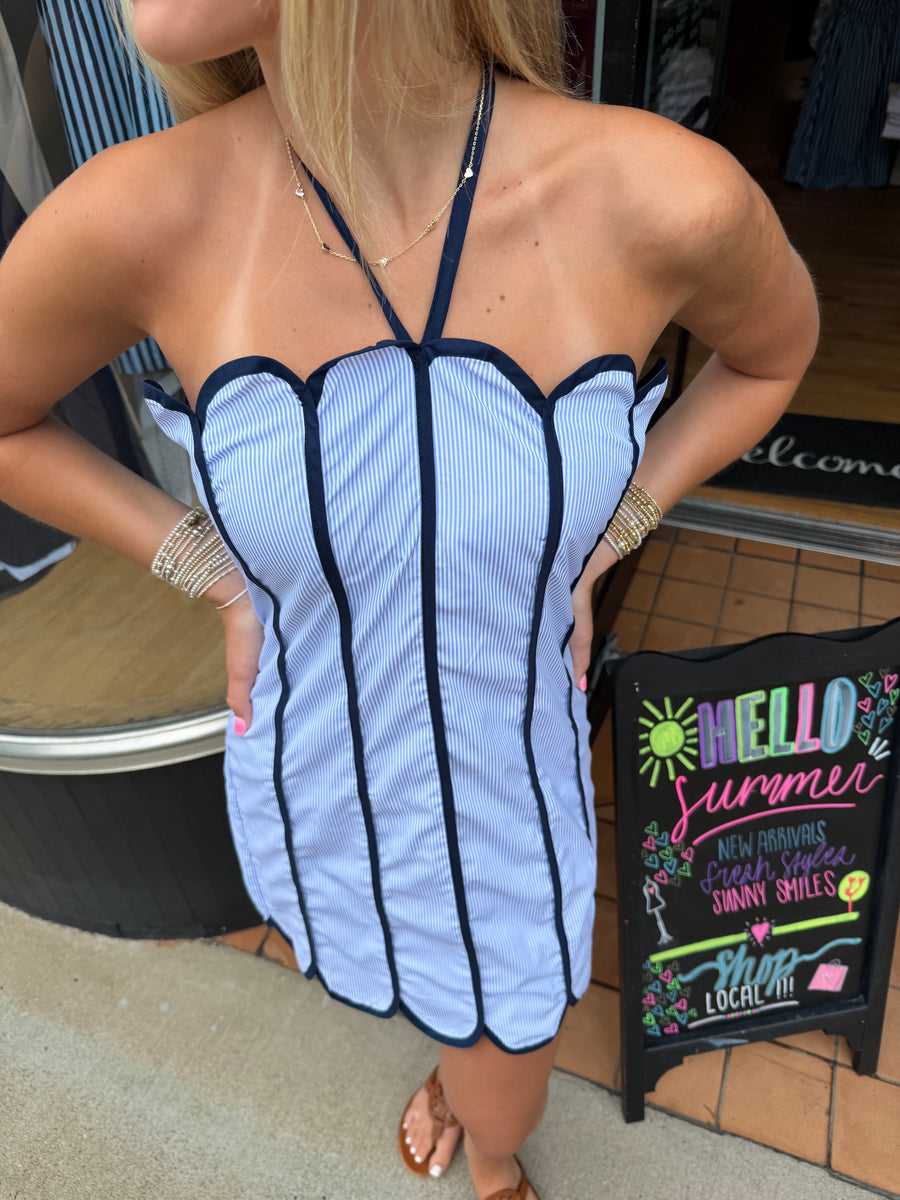 Navy Scalloped Halter Mini Dress