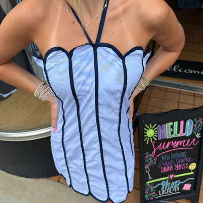 Navy Scalloped Halter Mini Dress